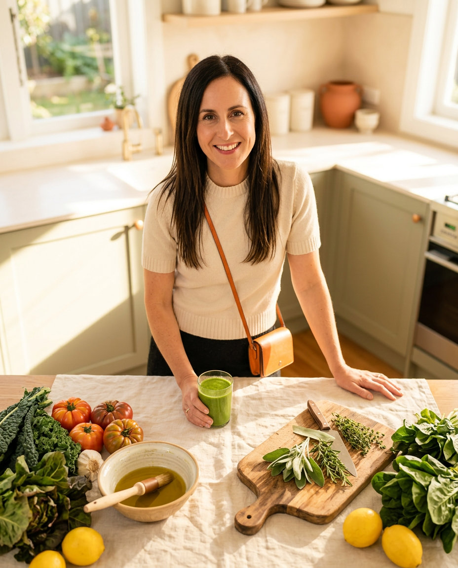 Amy of Harvest and Habit Nutrition smiling in a sunlit kitchen with fresh vegetables, herbs and a green smoothie on the counter